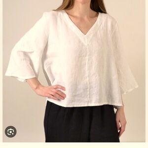BRYN Walker Lily SMALL Light Linen Round Neck Ruffle 3/4 Bell Sleeve High-Low